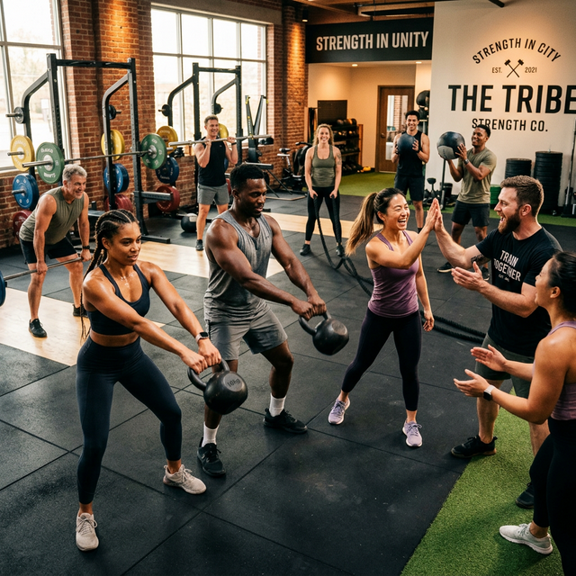 Diverse group of gym members training together