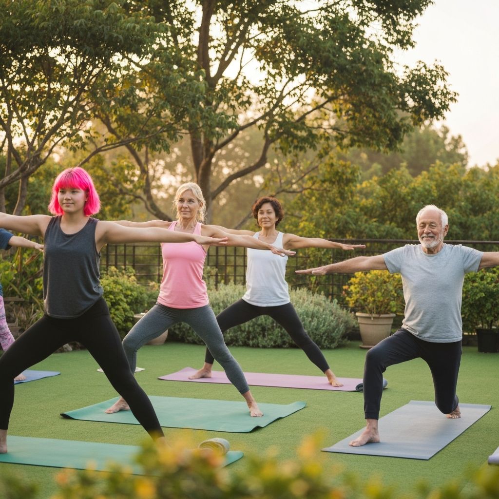 Group yoga session in a serene natural outdoor setting